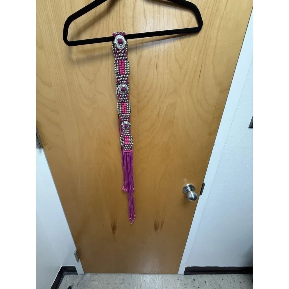 Vintage Charmant Belt Long tussles Pink, Bright Velvet With Metal Beads Western